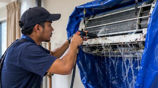 Aircon chemical wash in progress, coil being flushed behind a wash bag