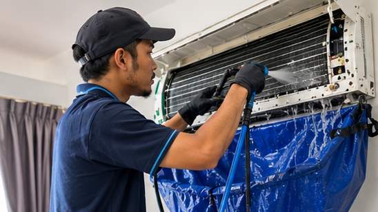 Technician jet washing an indoor aircon unit during a general service in Penang