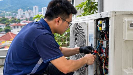 Technician working on an outdoor aircon unit checking refrigerant and wiring