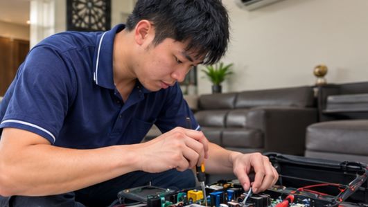 Technician repairing an aircon PCB control board