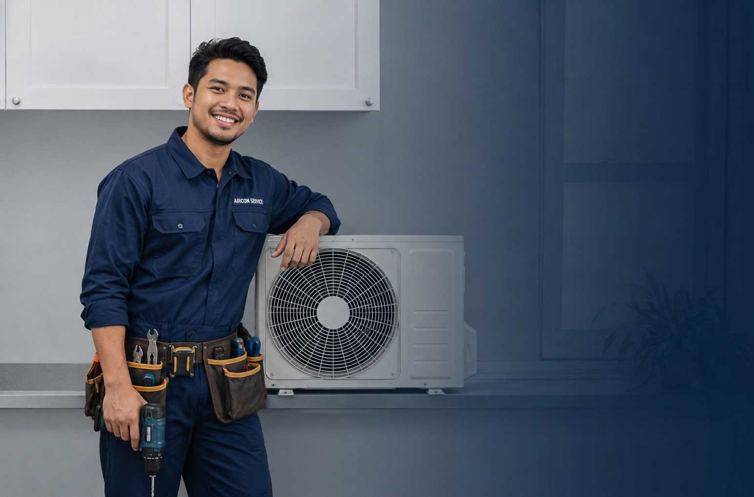 Zarina Aircon Service technician standing beside an outdoor aircon unit in Penang